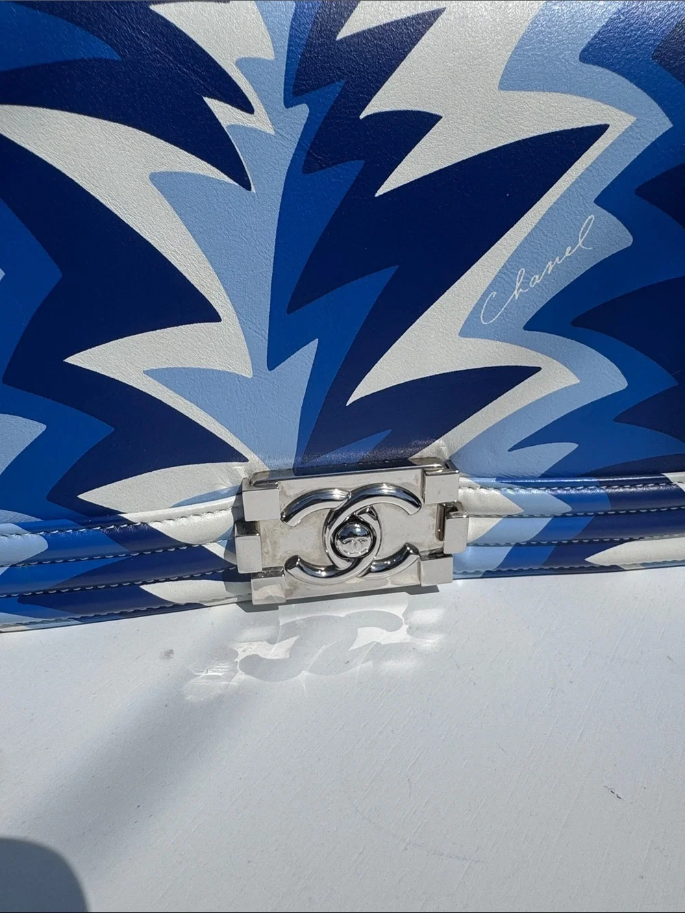 CHANEL Blue & White Chevron Boy Bag with Chain Strap